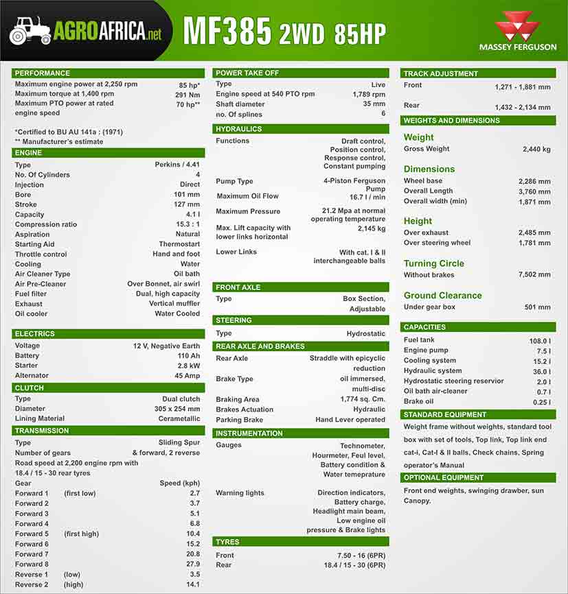 Massey ferguson MF 385 2WD specification